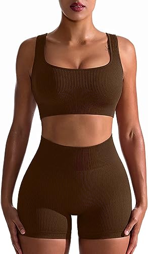 Workout Outfits for Women 2 Piece Seamless Ribbed High Waist Leggings with Sports Bra Exercise Set…