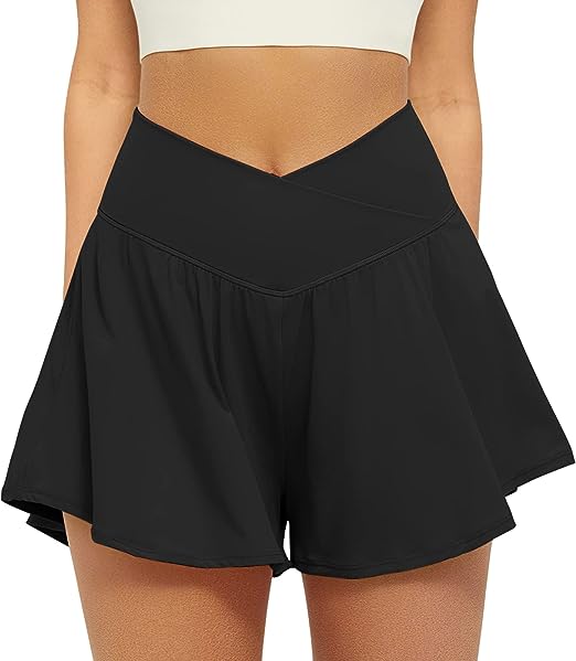 Crossover Athletic Shorts for Women 2 in 1 Flowy Running Shorts with Pockets Spandex Butterfly Workout Tennis Skorts