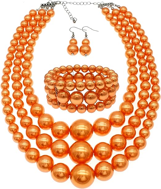 Large Big Pearl Necklace and Earring Set Multi Strand Pearl Necklace Costume Jewelry Chunky Pearls Necklaces for Women