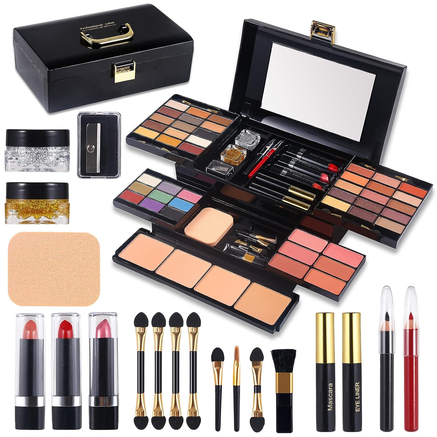 Professional Makeup Kit for Women Full Kit with Mirror 58 Colors All in One Make up Gift Set Combination with Eyeshadow, Compact Powder, Blusher, Lipstick, Lip Liner, Eyebrow Pencil, Glitter Powder, Eyeliner, Mascara, Cosmetic Case for Girls (100-N)