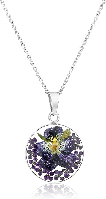 Amazon Collection Sterling Silver Pressed Flower Round Pendant Necklace, 16″