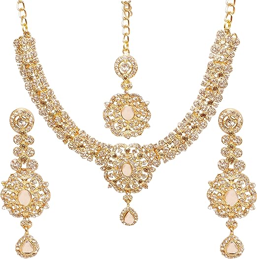 Indian Bollywood Floral Studded Rhinestones Bridal Designer Jewelry Necklace Set for Women in Silver or White Tone